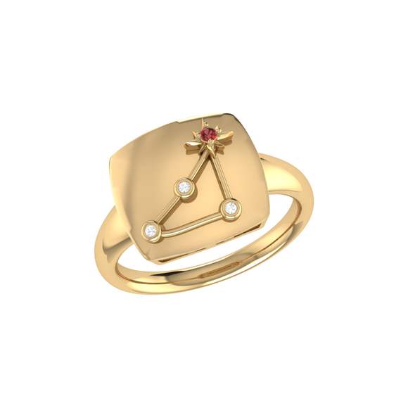 Capricorn Goat Garnet & Diamond Constellation Signet Ring in 14K Yellow Gold